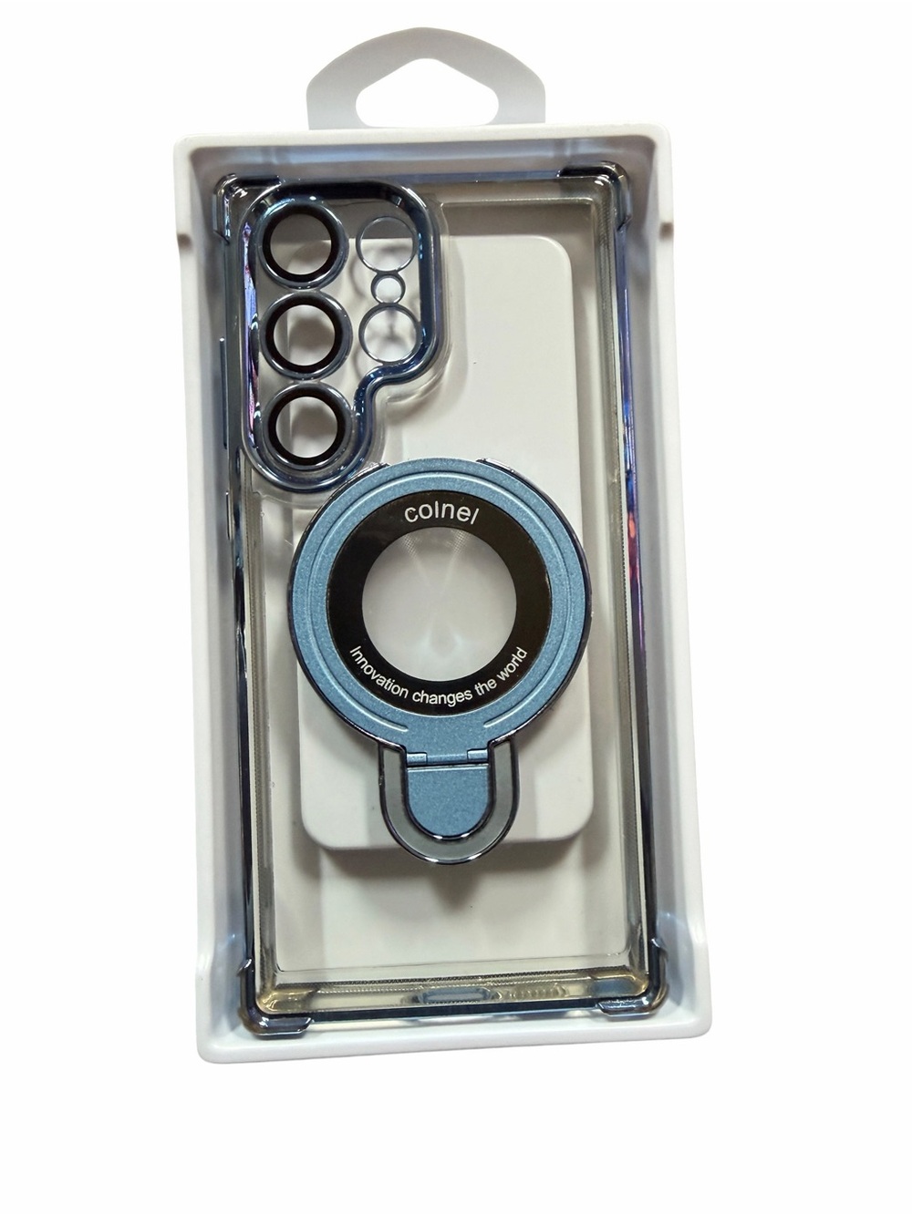Samsung Galaxy S23 Ultra Blue Metallic Phone Ring Holder & Clear Case